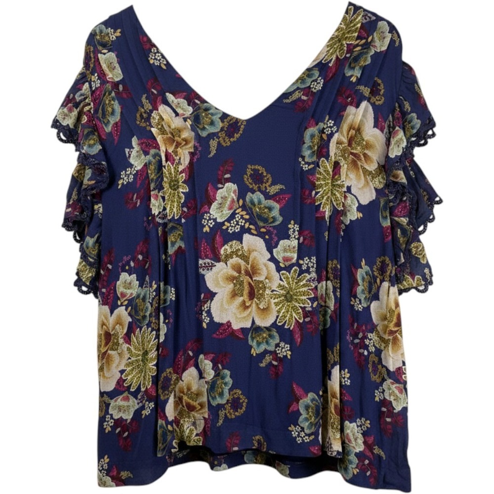 Farm Rio Anthropologie Delicate Garden Floral Ruffle Flutter Sleeve Top L NWT